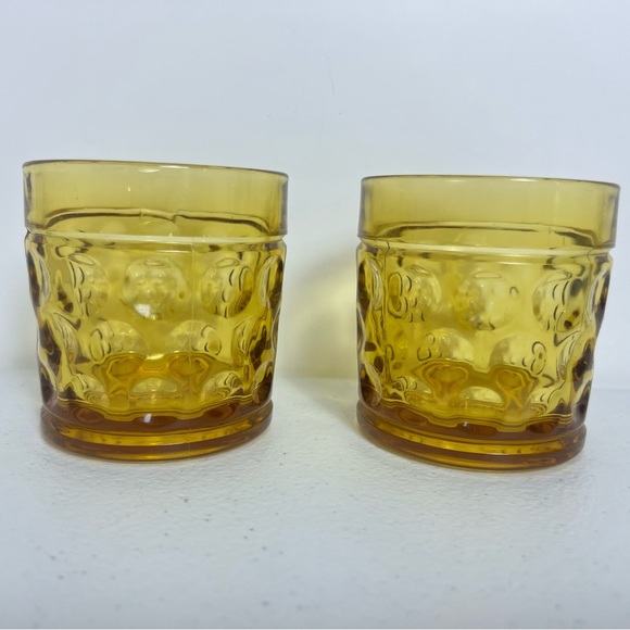 Set of 2 Retro Amber Bubble Glass Tumblers Thumbprint Coin Dot Optic Glassware - Picture 1 of 8
